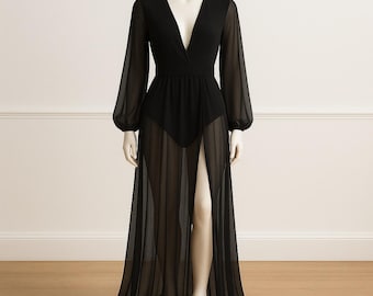 Black Chiffon Kimono Robe - Sheer Vintage Style Lingerie, Belted Gown