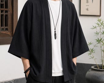 Kimono cardigan en coton et lin pour homme, veste haori ouverte sur le devant, style streetwear zen
