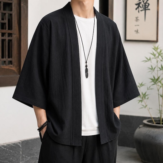 Men's Cotton Linen Kimono Cardigan, Open Front Haori Jacket, Zen Streetwear Cover Up