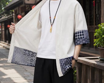 Cardigan kimono da uomo in cotone, giacca haori giapponese, abbigliamento streetwear estivo leggero