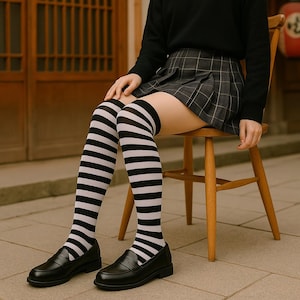 May include: A person wearing black leather loafers, black and white striped thigh-high socks, and a gray plaid pleated skirt. The person is sitting on a wooden chair, with a black sweater.