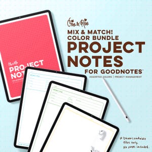 Puede incluir: Notas de proyecto digitales para GoodNotes en varios colores. La imagen muestra varias tabletas con plantillas de proyecto, un lápiz óptico y el texto "Mix & Match! Color Bundle Project Notes for GoodNotes".