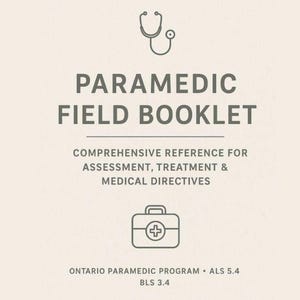May include: A beige booklet with the title "PARAMEDIC FIELD BOOKLET" in dark gray letters. The booklet includes text about assessment, treatment, and medical directives. A stethoscope and a medical bag icon are also present.