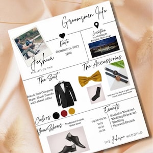 May include: A wedding invitation with the text "Groomsmen Info" and "The Johnson Wedding." The invitation includes a photo, date, location, and details about the suit, accessories, and events. The suit is a black tuxedo with a shawl collar.