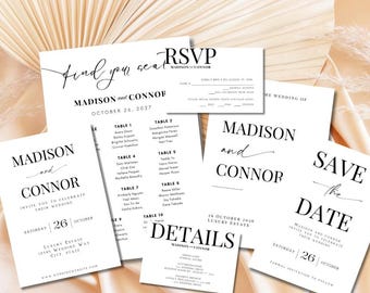 Editable Black and White Chic Minimalist Wedding Invitation Suite (Canva Template Bundle)