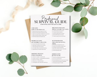 Funny Bridesmaid Survival Guide, Wedding Party Duties Checklist (Editable Canva Template)