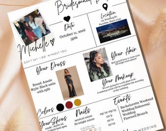 Bridesmaid Info Card Template, Minimalist Wedding Party Details (Digital Download)