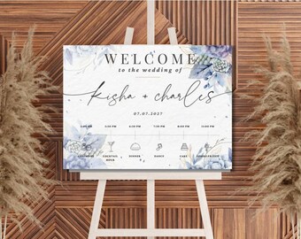 Blue Floral Wedding Timeline Sign | Editable Canva Schedule Poster (Instant Download)