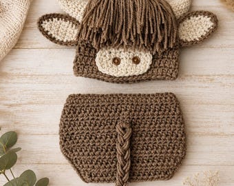 Crochet Highland Cow Baby Outfit | Newborn Photo Prop, Hat & Diaper Cover