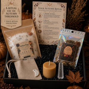Coleção Ritual de Outono | Conjunto de Presente Ritual Sazonal de 7 Peças com Sais de Banho, Panela para Infusão de Água, Óleo Ritual, Vela e Cristal