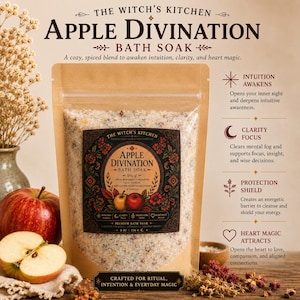 May include: A stand-up pouch of Apple Divination bath soak with a label featuring botanical illustrations and text. The label lists notes of apple, bergamot, cardamom, tulsi, yarrow, red clover, Egyptian geranium, and vanilla. It weighs 8 ounces.