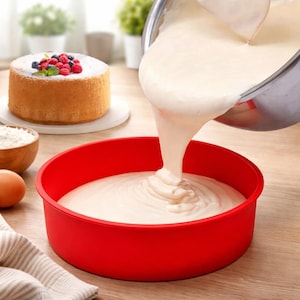 Puede incluir: Un molde para hornear de silicona rojo se llena con masa. Un pastel horneado cubierto con bayas y azúcar glas se encuentra en el fondo. Otros ingredientes para hornear también son visibles, incluyendo harina y un huevo.