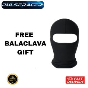 Puede incluir: Pasamonta&ntilde;as negro con una abertura ovalada para los ojos. La imagen incluye el texto "FREE BALACLAVA GIFT" en negrita, letras negras. Tambi&eacute;n hay una insignia de "Premium Quality" y una insignia de "Fast Delivery".