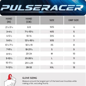 Puede incluir: Tabla de tallas de guantes Pulseracer en blanco y azul. La tabla incluye medidas de la mano en pulgadas y cent&iacute;metros, tallas de 5XS a XXL y tallas OMP de 4 a 13. La parte inferior de la tabla proporciona instrucciones de tallaje de guantes.