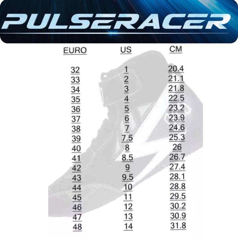 Puede incluir: Zapatilla alta en blanco y negro con dise&ntilde;o de rayo, tabla de tallas con medidas en Euro, US y CM. La marca "PULSERACER" se muestra en fuente azul y blanca.