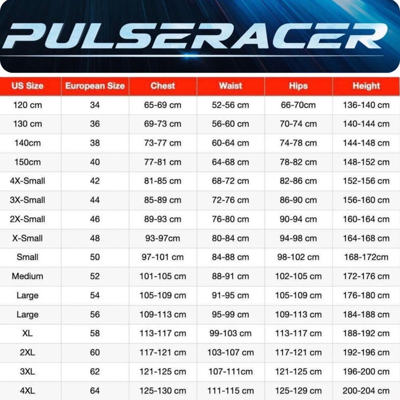Puede incluir: Una tabla de tallas con el texto "PULSERACER" en la parte superior. La tabla enumera tallas de EE. UU., tallas europeas, medidas de pecho, cintura, caderas y altura en cm. Las tallas van desde 120 cm hasta 130 cm.