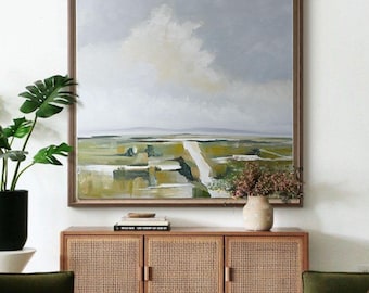 Original Abstract Landscape Oil Painting, Extra Large Landscape Canvas Wall Art, Clouds and Filed Oil Painting on Canvas