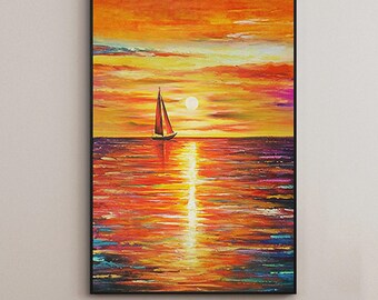 Sunset Abstract Painting, Sky Abstract Painting On Canvas, Orange Sunset Painting, Sea Abstract Canvas Wall Art