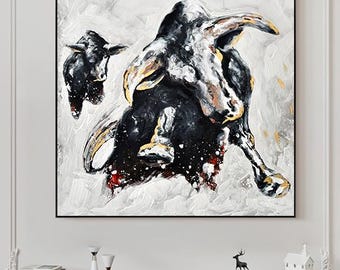 Abstract Bull Oil Painting on Canvas, Large Original Bull Canvas Wall Art, Modern Hand-painted Animal Painting for Living Room,Bedroom Decor