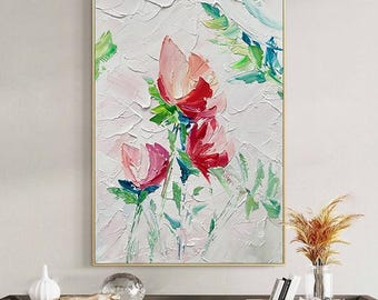 Original Floral Framed Wall Art, Flower Painting on Canvas, Abstract Flower Acrylic Painting, Large Canvas Wall Art
