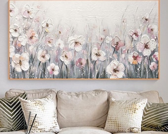 Textured Flower Painting, Original Floral Painting on Canvas, Abstract Grey Flower Canvas Wall Art, Acrylic Painting