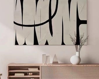 Black and White Abstract Wall Art, Framed Hand-Painted Abstract Canvas Painting, Original Art for Bedroom Living Room Office