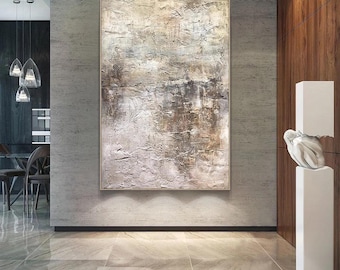Abstrakt texturerad oljemålning, neutral beige brun väggkonst
