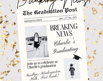 Invitación de graduación editable para periódico / Anuncio de graduación de jardín de infancia (Descarga digital)