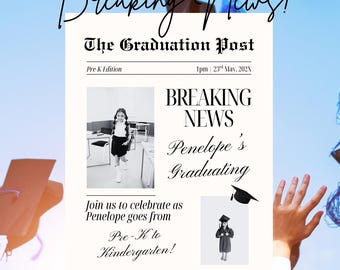 Invitación de graduación estilo periódico para preescolar, plantilla editable de Canva para preescolar (descarga digital)