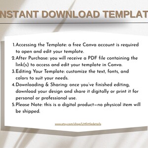 Puede incluir: Gr&aacute;fico rectangular blanco con el texto "INSTANT DOWNLOAD TEMPLATE" en la parte superior. Debajo, instrucciones numeradas explican c&oacute;mo acceder, editar y compartir una plantilla digital usando Canva. La URL de la tienda Etsy est&aacute; en la parte inferior.