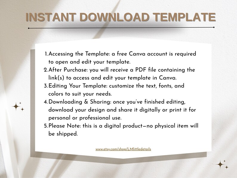 Puede incluir: Gr&aacute;fico rectangular blanco con el texto "INSTANT DOWNLOAD TEMPLATE" en la parte superior. Debajo, instrucciones numeradas explican c&oacute;mo acceder, editar y compartir una plantilla digital usando Canva. La URL de la tienda Etsy est&aacute; en la parte inferior.