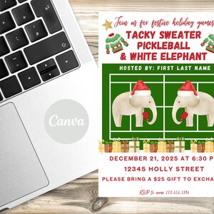 Puede incluir: Una invitaci&oacute;n festiva para un juego de "Tacky Sweater Pickleball & White Elephant". La invitaci&oacute;n presenta dos elefantes con gorros y mitones de Pap&aacute; Noel en una cancha de pickleball. El texto incluye la fecha, hora y lugar.