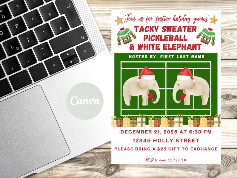 Puede incluir: Una invitaci&oacute;n festiva para un juego de "Tacky Sweater Pickleball & White Elephant". La invitaci&oacute;n presenta dos elefantes con gorros y mitones de Pap&aacute; Noel en una cancha de pickleball. El texto incluye la fecha, hora y lugar.
