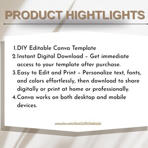 Puede incluir: Gr&aacute;fico rectangular blanco con el texto "PRODUCT HIGHLIGHTS" en marr&oacute;n. El texto enumera las caracter&iacute;sticas de una plantilla Canva editable, incluyendo descarga digital instant&aacute;nea y compatibilidad m&oacute;vil.