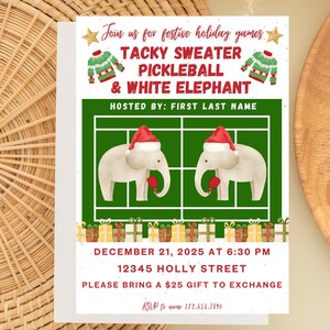 Puede incluir: Invitaci&oacute;n a una fiesta navide&ntilde;a con el texto "Tacky Sweater Pickleball & White Elephant". La invitaci&oacute;n presenta ilustraciones de elefantes con gorros y mitones de Pap&aacute; Noel, y una cancha de pickleball. Se incluye la fecha y la hora.
