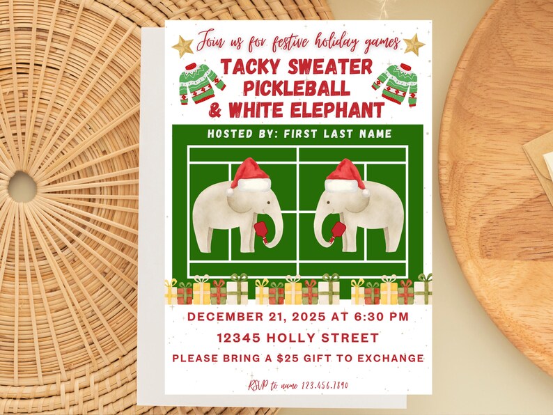 Puede incluir: Invitaci&oacute;n a una fiesta navide&ntilde;a con el texto "Tacky Sweater Pickleball & White Elephant". La invitaci&oacute;n presenta ilustraciones de elefantes con gorros y mitones de Pap&aacute; Noel, y una cancha de pickleball. Se incluye la fecha y la hora.