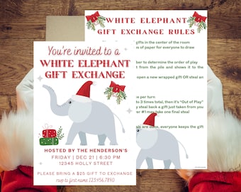 Invitación a fiesta de elefante blanco y reglas del juego de intercambio de regalos, Canva editable, descarga digital instantánea
