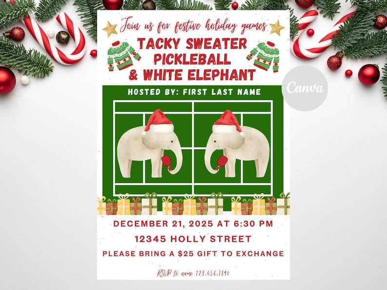 Puede incluir: Invitaci&oacute;n a juegos festivos navide&ntilde;os con el texto "Tacky Sweater Pickleball & White Elephant". El dise&ntilde;o presenta dos elefantes con gorros y mitones de Pap&aacute; Noel en una cancha de pickleball verde, con elementos navide&ntilde;os.