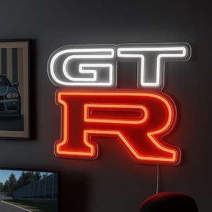 Neonreclame in GT-R-stijl - handgemaakte LED-wandlamp voor autoliefhebbers, garage- en mancave-decoratie, lichtkunst in de vorm van een racelogo, aangepast JDM-cadeau