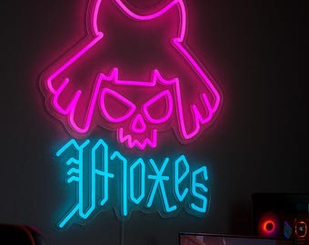 Cyberpunk Gamer Neon Sign – Moxes Skull LED Wall Light, Futuristic Gaming Room Decor, Handmade Cyberpunk Art, Cool Gift for Gamers