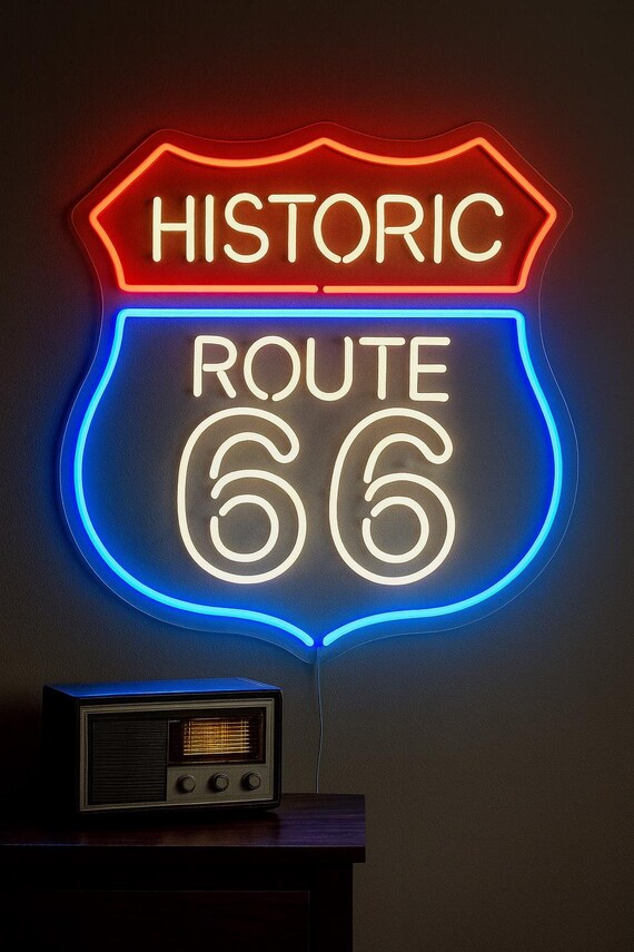 Historic Route 66 Neon Sign – Retro LED Wall Art for Home, Bar