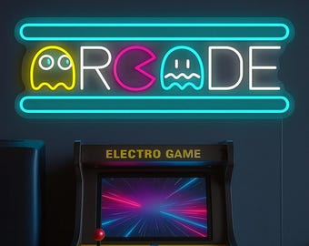 Puede incluir: Un letrero de neón con la palabra "ARCADE" en blanco, rosa y amarillo, delineado en azul. Debajo, una máquina recreativa amarilla con una pantalla que muestra un espectáculo de luces colorido y el texto "ELECTRO GAME".