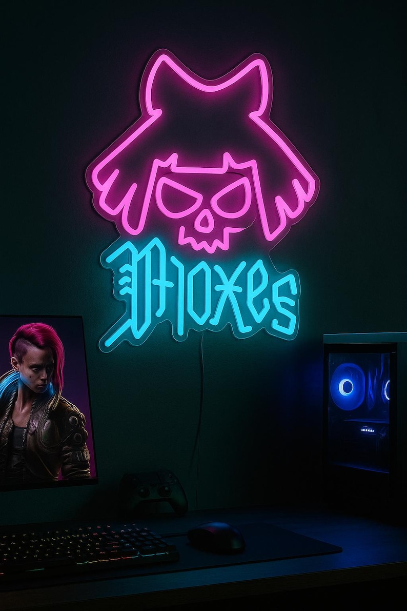 Cyberpunk Gamer Neon Sign – Moxes Skull LED Wall Light, Futuristic ...