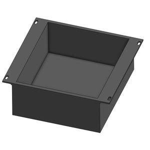 May include: A dark gray, rectangular, recessed box with a square opening. The box has a lip with four small holes, likely for mounting. The design is simple and modern, suitable for various applications.