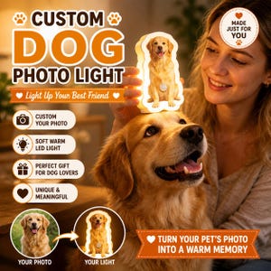 May include: A custom dog photo light with the text "CUSTOM DOG PHOTO LIGHT" and "Light Up Your Best Friend". The light features a photo of a golden retriever. The light is a perfect gift for dog lovers.
