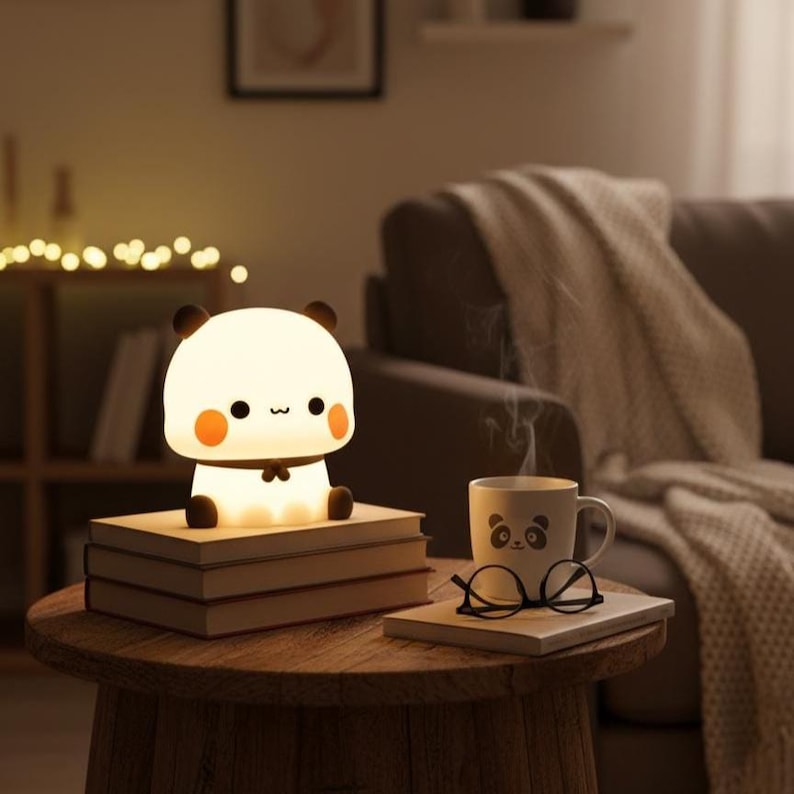 May include: A panda-shaped night light sits atop a stack of books on a wooden table. The light is white with black ears and a bow tie. A mug with a panda face and glasses rest on a book nearby. The scene is warm and inviting.
