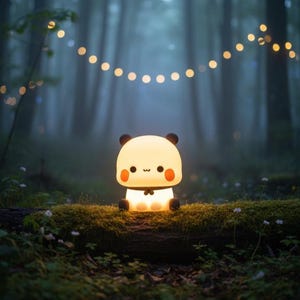May include: A glowing panda-shaped night light with black ears and feet, and orange cheeks, sits on a moss-covered log in a forest. The light emits a soft glow, and a string of fairy lights hangs above.