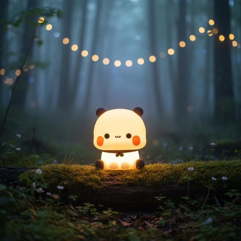 May include: A glowing panda-shaped night light with black ears and feet, and orange cheeks, sits on a moss-covered log in a forest. The light emits a soft glow, and a string of fairy lights hangs above.