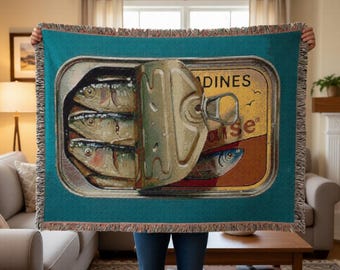 Sardine Can Illustration Woven Blanket | Retro Fish Tin Artwork