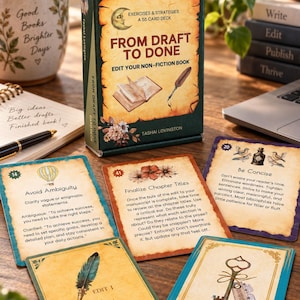 May include: A deck of 55 cards titled From Draft to Done, Edit Your Non-Fiction Book, featuring a box with a parchment-style design, a moon illustration, and a quill. Five individual cards are displayed, each with unique text and illustrations.